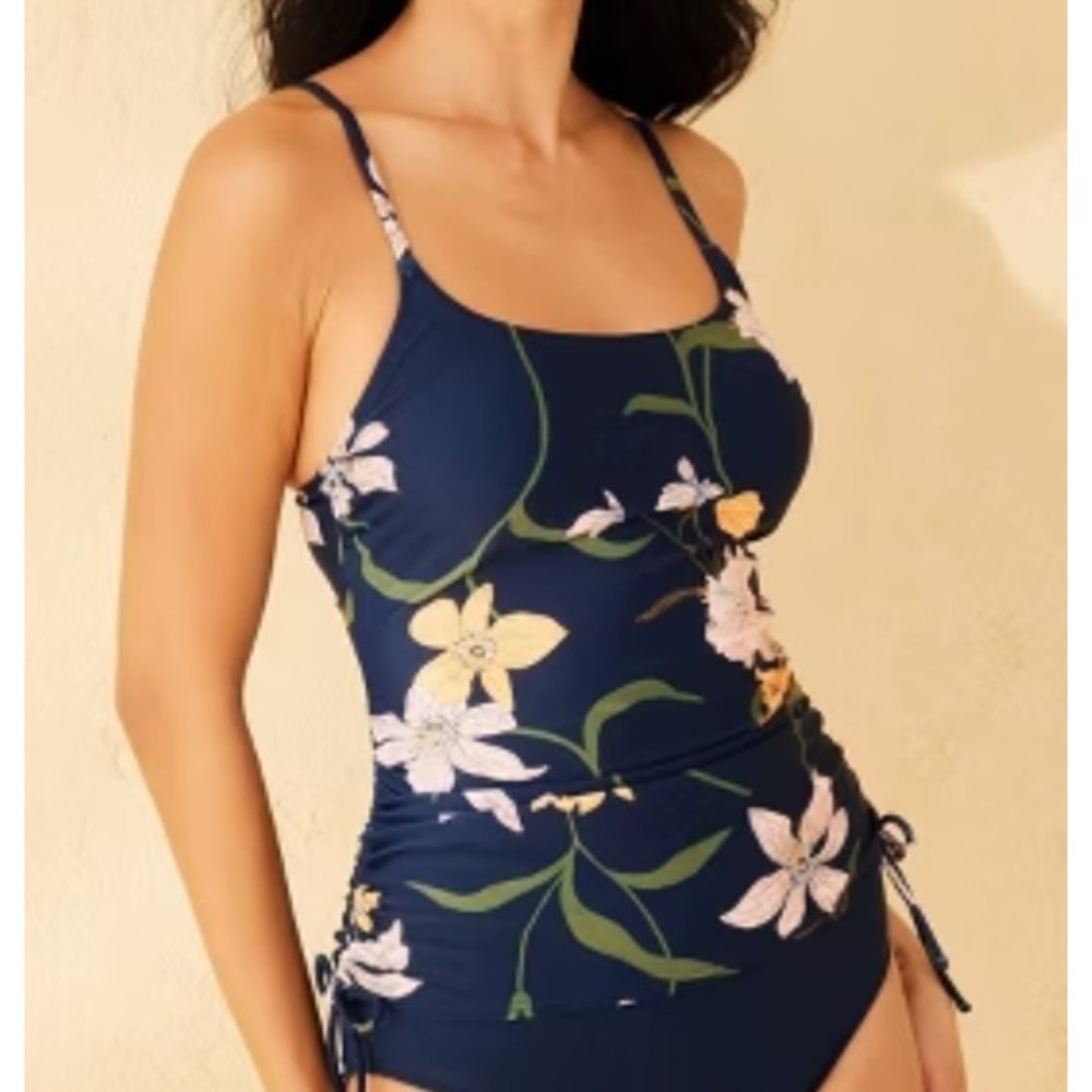 Shade & Shore Womens L 12-14 Blue Floral Adjustable Length Side Tie Tankini Top